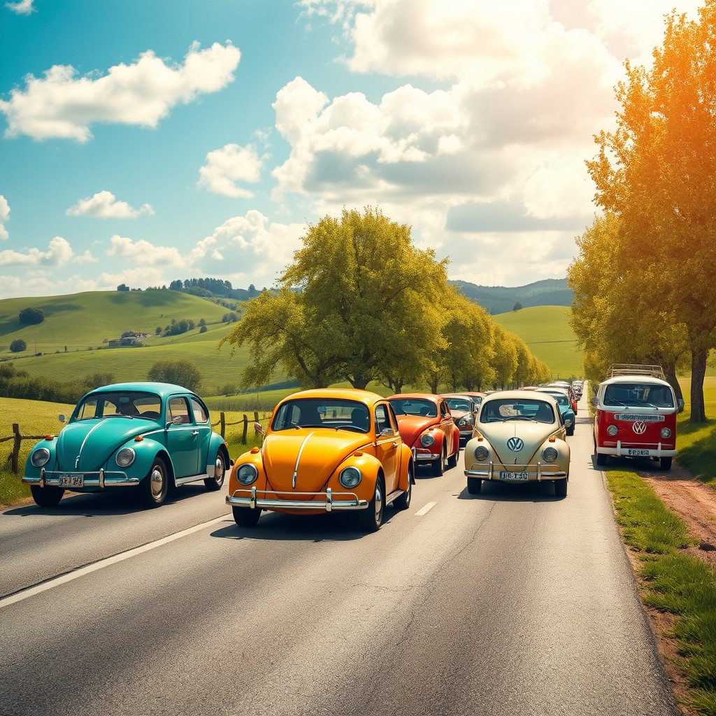 A captivating scene depicting classic and contemporary Volkswagen cars cruising down a picturesque, tree-lined country road