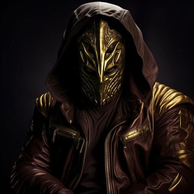 A vivid image of a Syrian god donning a menacing mask. Holding an SMG, decked in dark hues with gold accents. He's encased in a leather jacket, expressing a ferocious facial expression. His supervillain powers are visibly displayed.