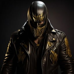 A vivid image of a Syrian god donning a menacing mask. Holding an SMG, decked in dark hues with gold accents. He's encased in a leather jacket, expressing a ferocious facial expression. His supervillain powers are visibly displayed.