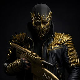 A vivid image of a Syrian god donning a menacing mask. Holding an SMG, decked in dark hues with gold accents. He's encased in a leather jacket, expressing a ferocious facial expression. His supervillain powers are visibly displayed.