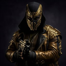 A vivid image of a Syrian god donning a menacing mask. Holding an SMG, decked in dark hues with gold accents. He's encased in a leather jacket, expressing a ferocious facial expression. His supervillain powers are visibly displayed.