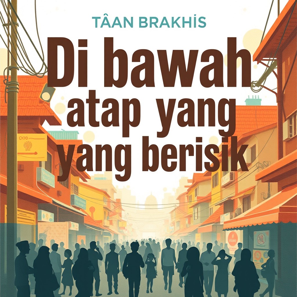 A captivating book cover design for a novel titled "Di bawah atap yang berisik"