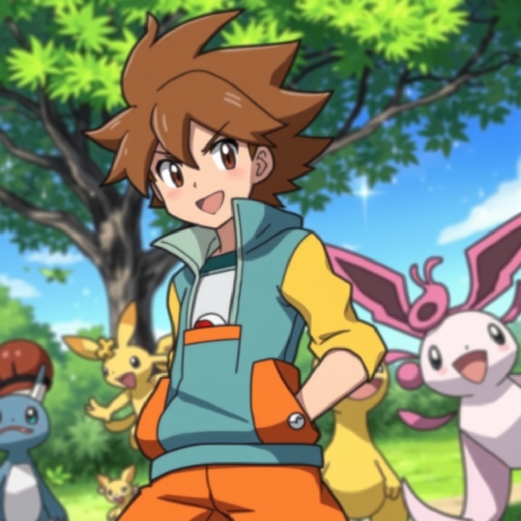 A dynamic scene featuring a Pokémon trainer with messy brown hair, wearing a vibrant and stylish outfit with pockets filled with Poké Balls
