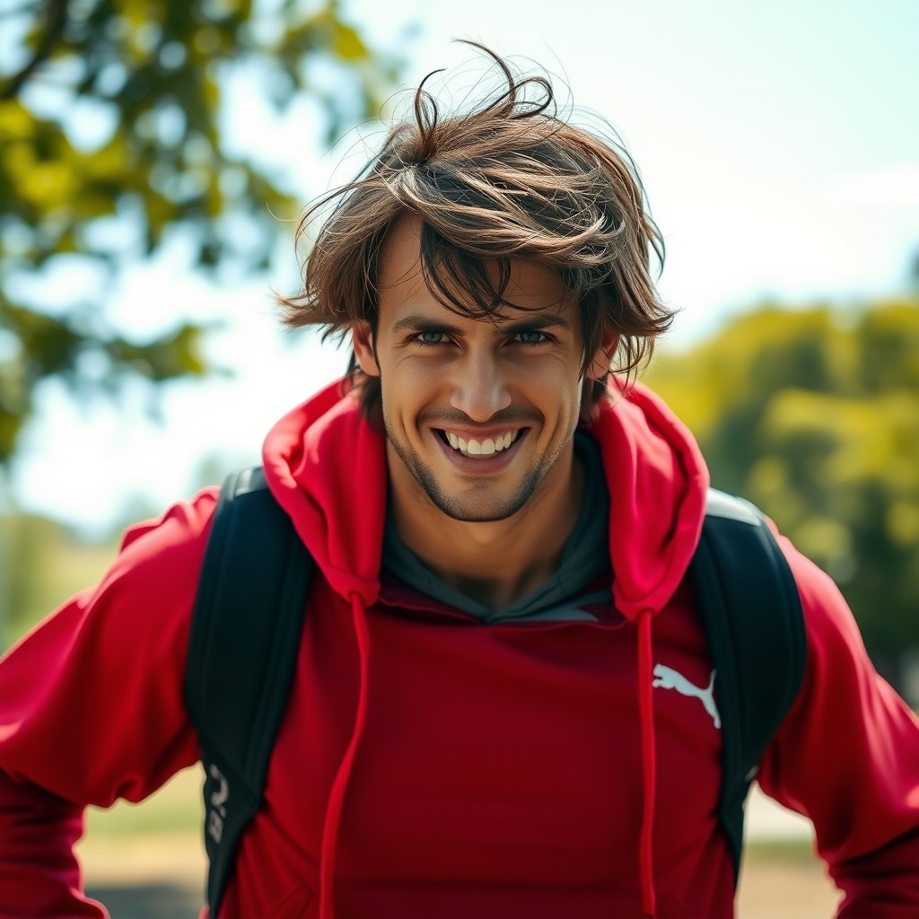 A sporty trainer wearing an oversized hoodie, showcasing short, messy brown hair