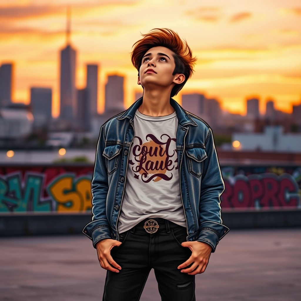 A young adult, 18 years old, standing confidently in an urban landscape at sunset