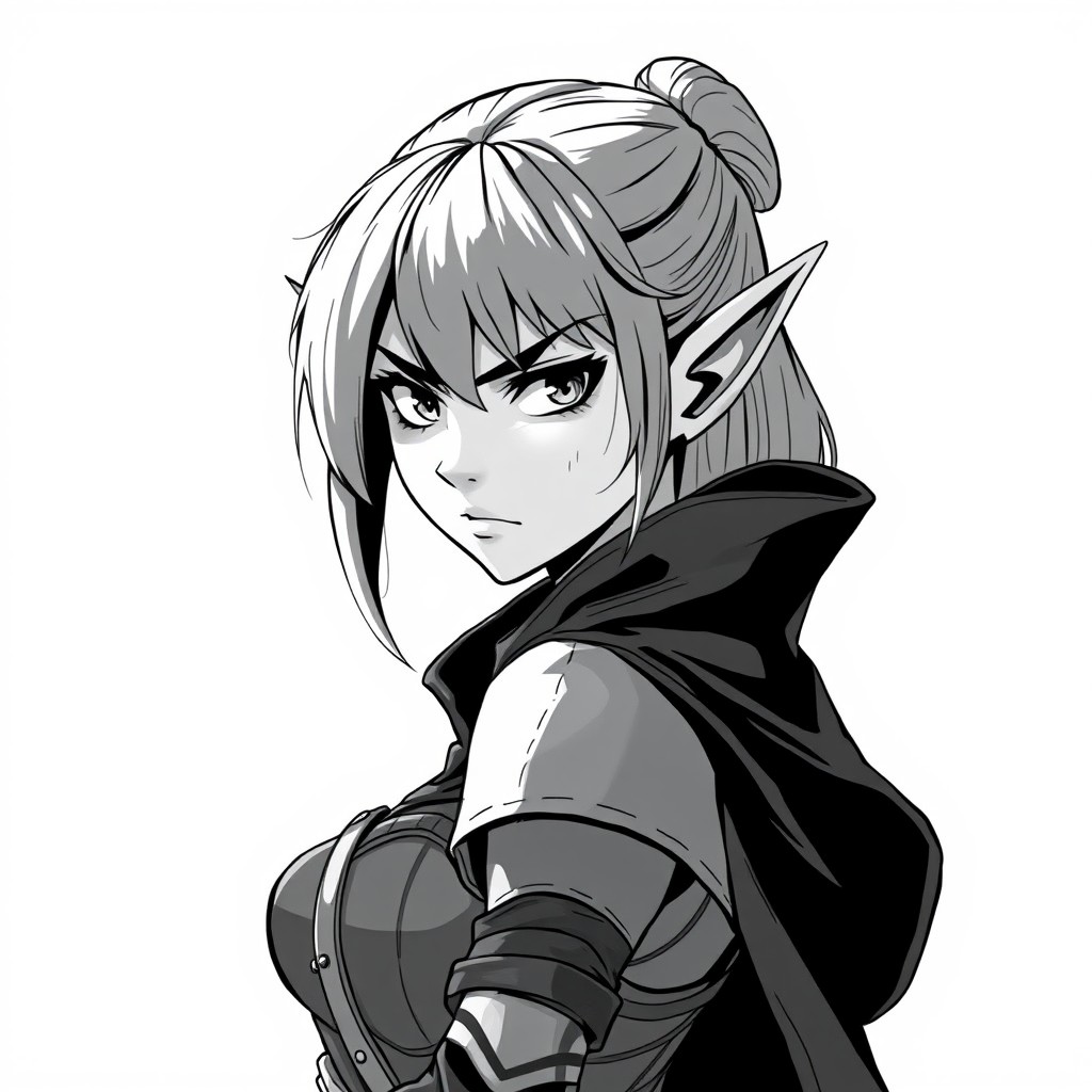 A greyscale anime style illustration of a female elf thief rogue, depicting her from the shoulders up