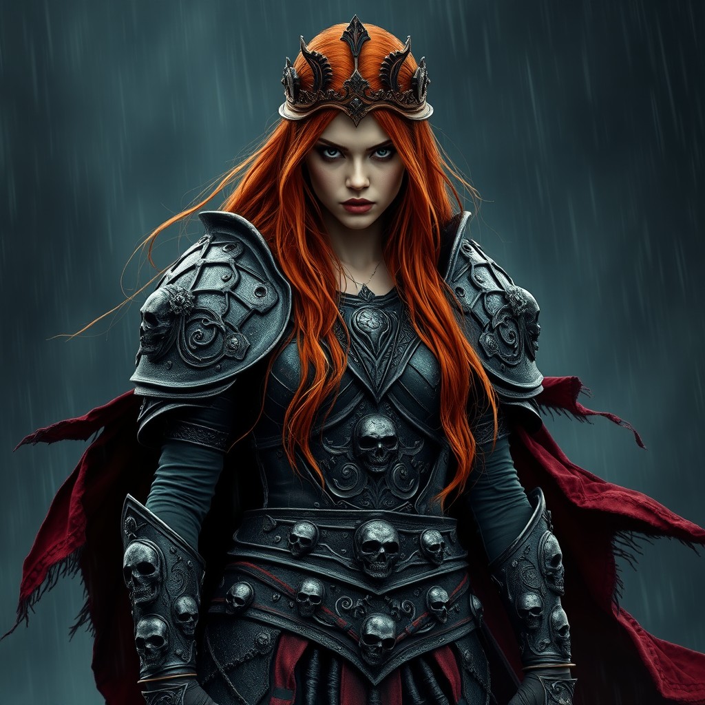 A fierce female warrior standing in the rain, with long, flowing red hair