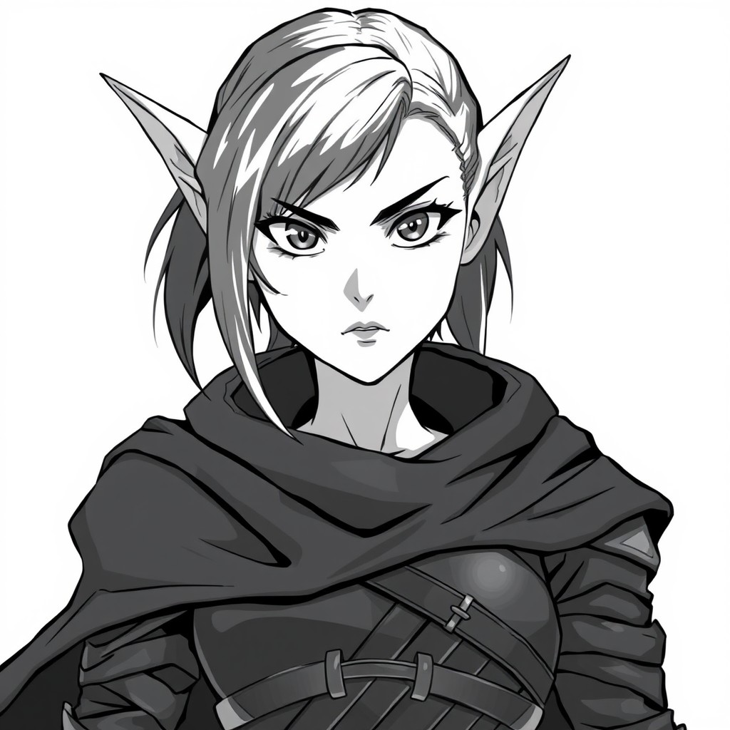 A greyscale anime style illustration of a female elf thief, shown from the shoulders up