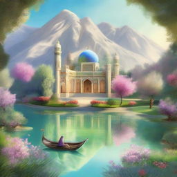 An ethereal depiction of 'Behesht', the Persian word for paradise, illustrating an idyllic landscape with serene gardens, crystal clear streams, and beautiful architecture.