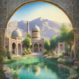 An ethereal depiction of 'Behesht', the Persian word for paradise, illustrating an idyllic landscape with serene gardens, crystal clear streams, and beautiful architecture.