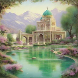 An ethereal depiction of 'Behesht', the Persian word for paradise, illustrating an idyllic landscape with serene gardens, crystal clear streams, and beautiful architecture.