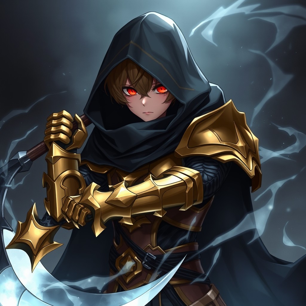 A fantasy anime teenager clad in gold and black rogue armor, featuring a shadow cloak that partially obscures his face, revealing only his glowing red eyes