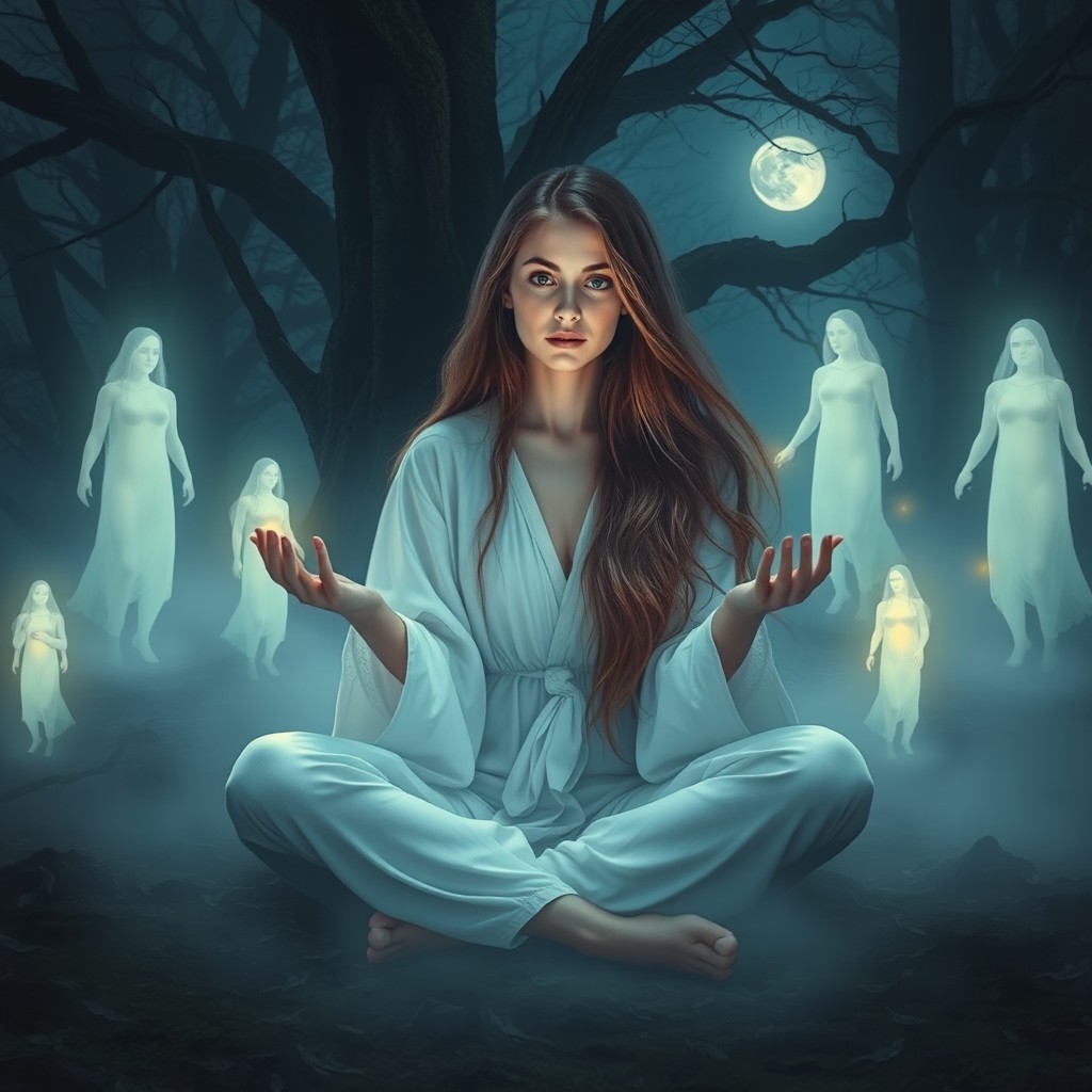 A mystical scene depicting a young woman with long flowing hair, dressed in ethereal white garments, sitting cross-legged in a dimly lit forest surrounded by glowing orbs of light representing spirits