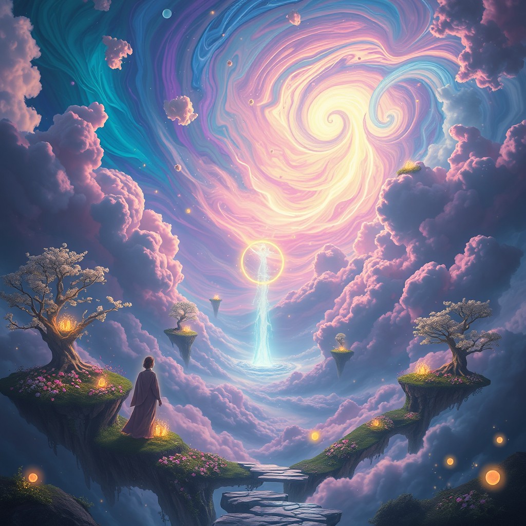 An expansive spirit realm filled with vibrant colored clouds, shimmering lights, and ethereal landscapes