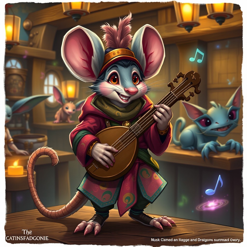 A whimsical Dungeons and Dragons character, a Jerbeen mouse humanoid bard