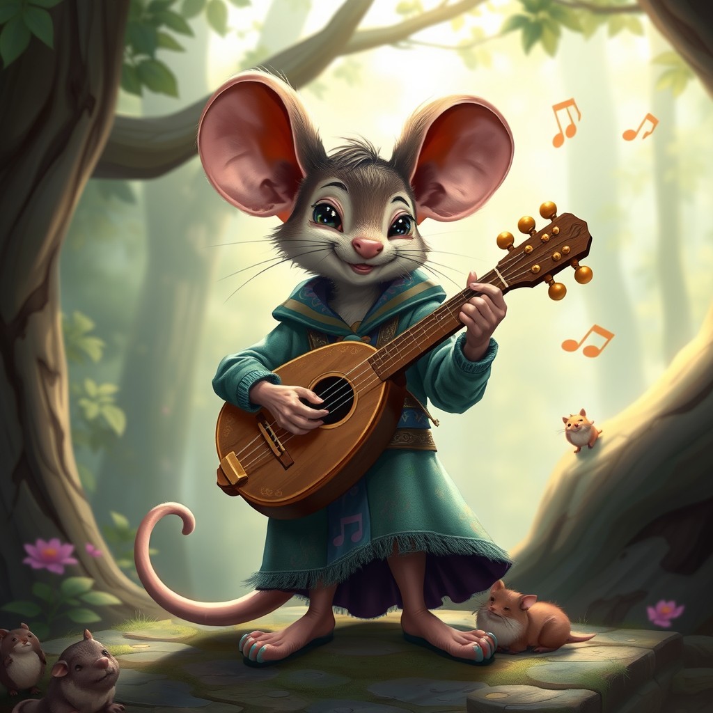 A charming Dungeons and Dragons character, a Jerbeen mouse humanoid bard, holding a beautifully crafted lute