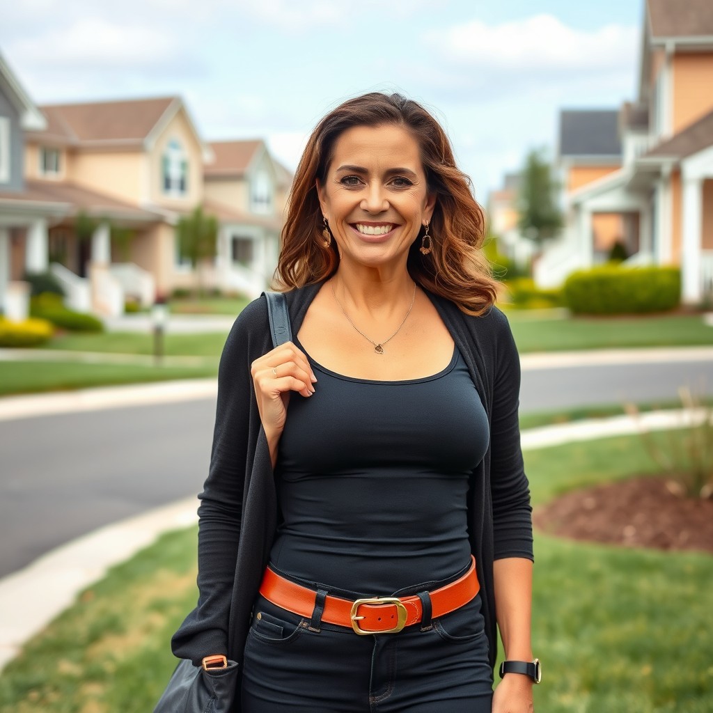 A fashionable suburban mom in her 40s showcasing a fit physique, wearing stylish, form-fitting clothes