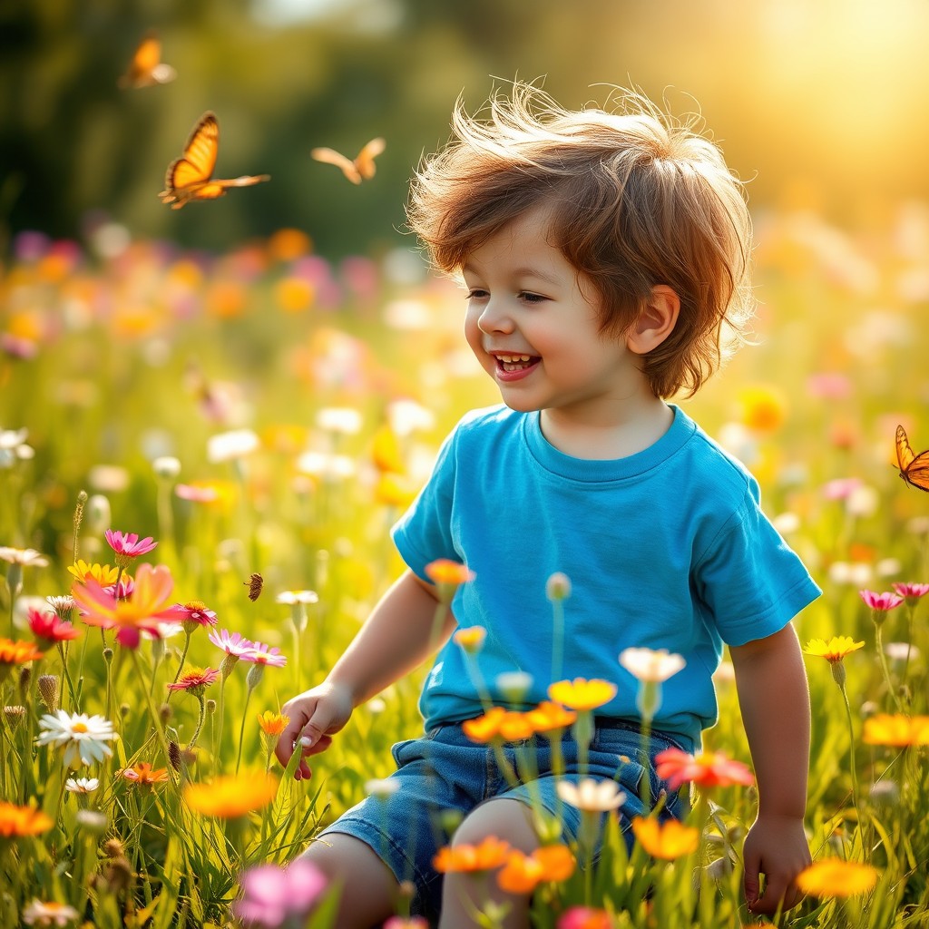 A charming young boy playing in a sunny meadow filled with vibrant wildflowers