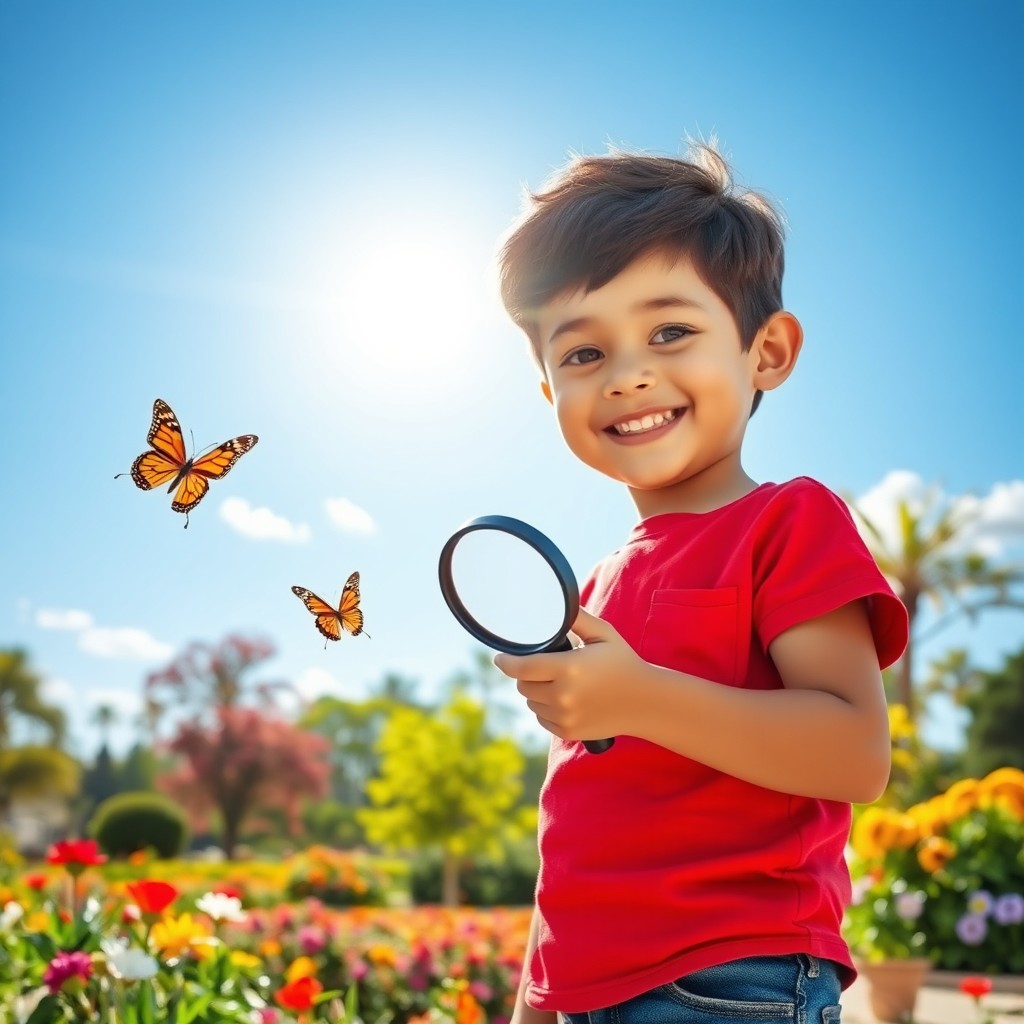 A charming and adventurous young boy with a big smile, wearing a bright red shirt with blue jeans, exploring a vibrant park filled with colorful flowers and trees