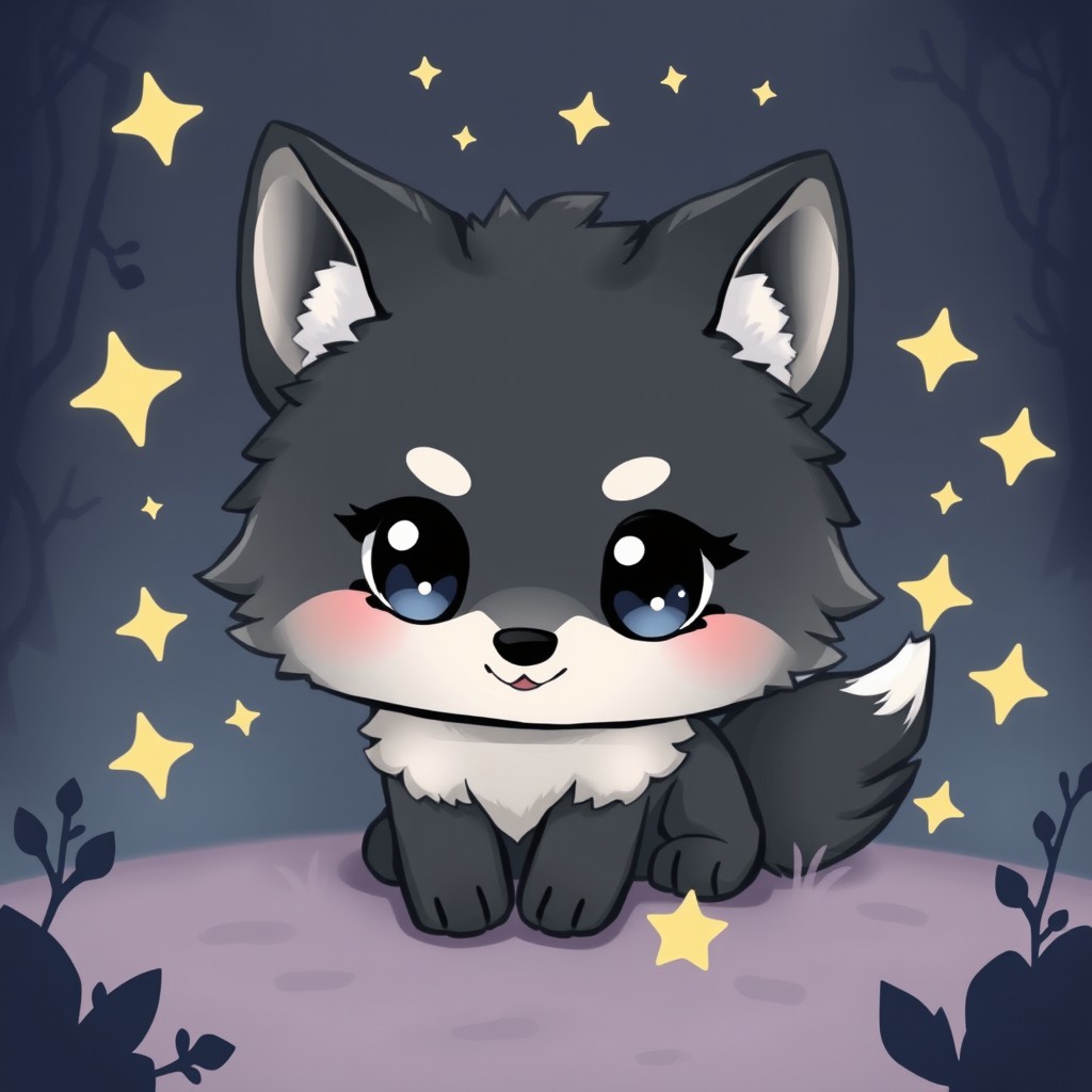 A cute chibi wolf drawing in a dark kawaii anime style