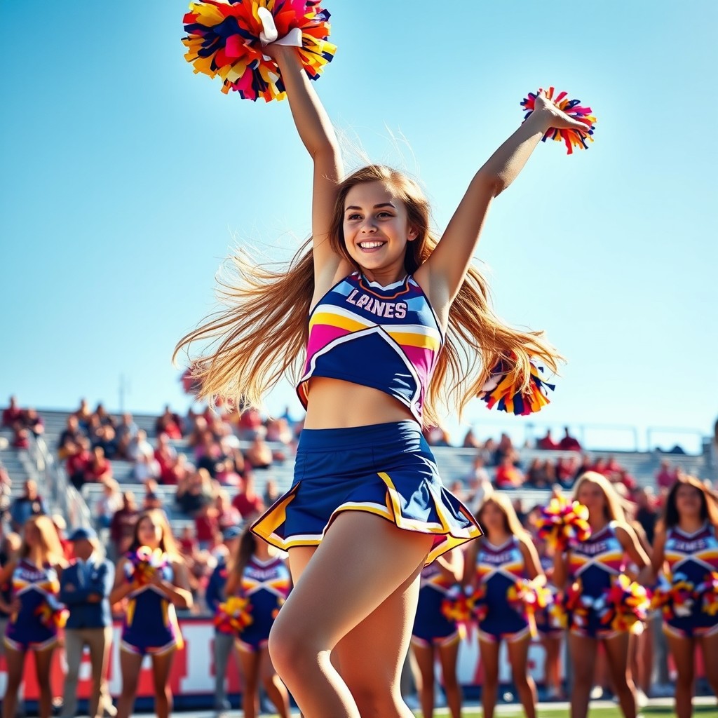 A vibrant and energetic teenage cheerleader in a colorful uniform, performing an impressive cheerleading stunt on a sunny football field