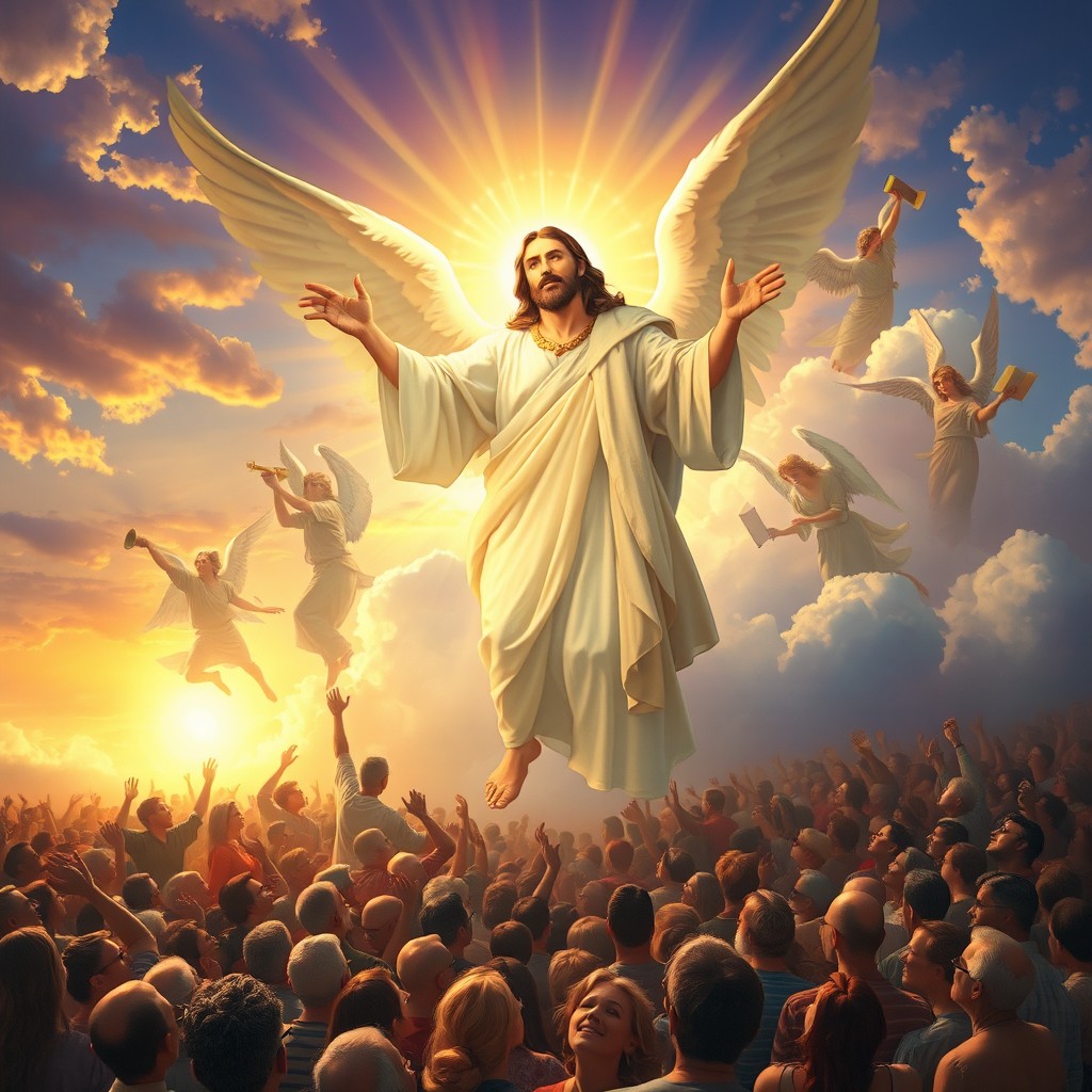 The Second Coming of Jesus depicted in a vibrant, ethereal scene, with Jesus Christ emerging from the clouds surrounded by a radiant light