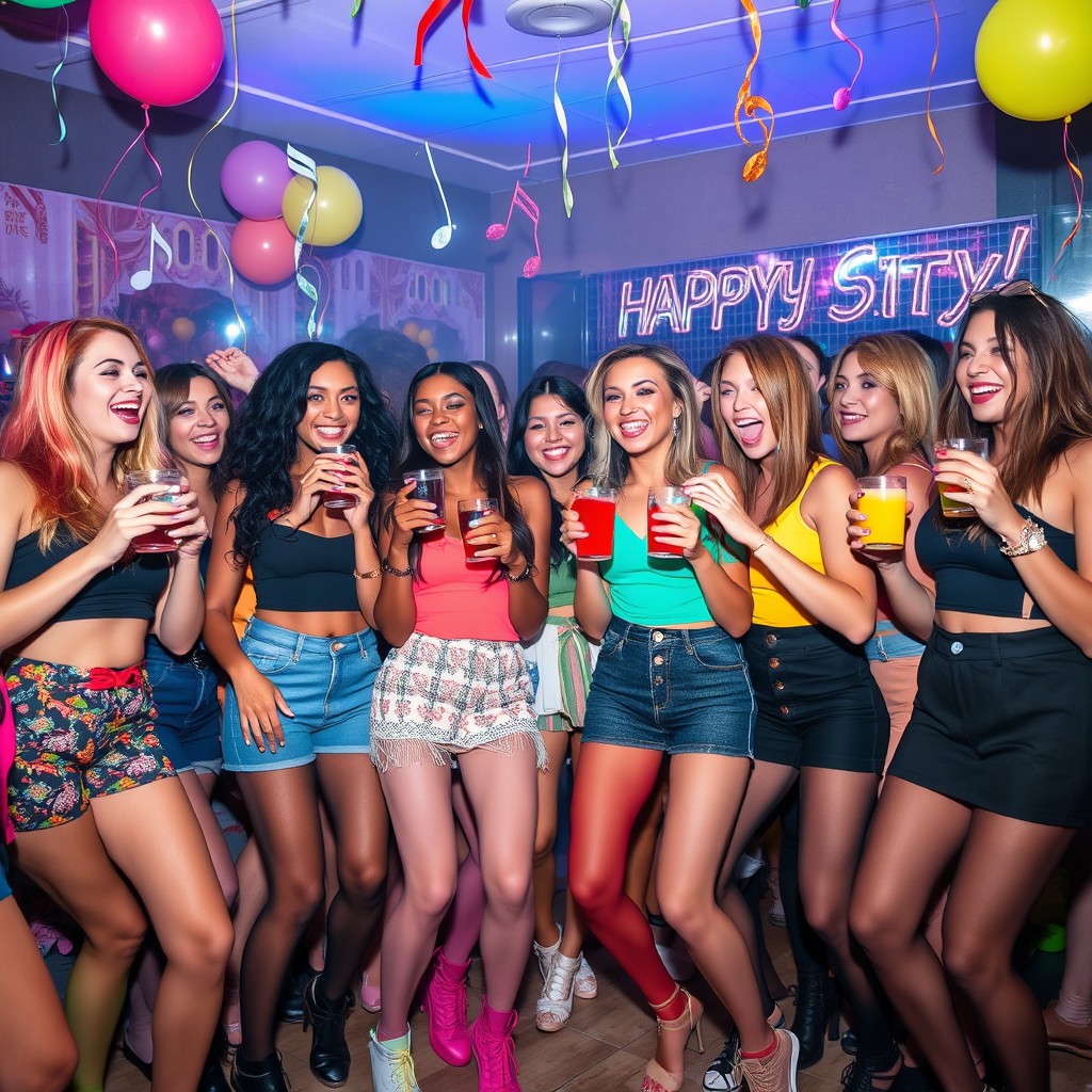 A lively party scene showcasing a diverse group of fashionable young women wearing colorful pantyhose