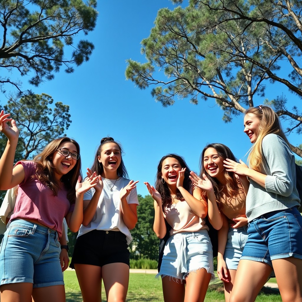 A humorous and lighthearted scene featuring a group of young women in a playful outdoor setting, displaying expressions of urgency and laughter