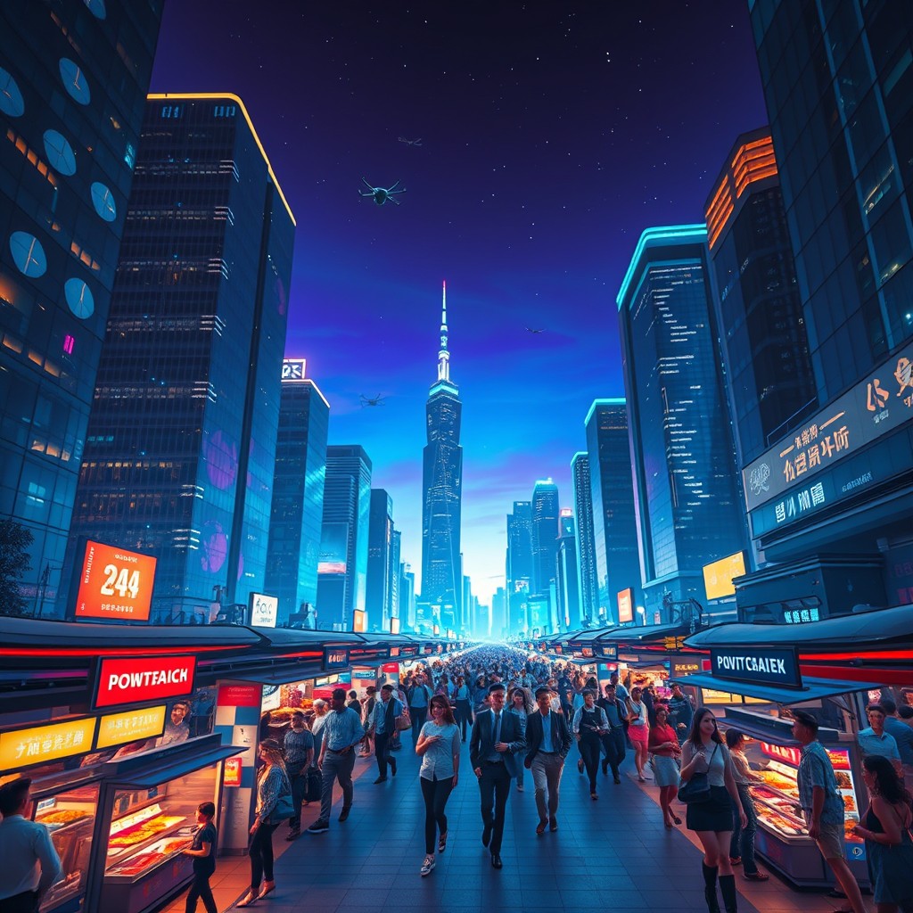A captivating introduction scene in a futuristic city at dusk, showcasing gleaming skyscrapers with neon lights reflecting in the glass surfaces, bustling streets filled with a diverse crowd of people dressed in stylish, high-tech fashion
