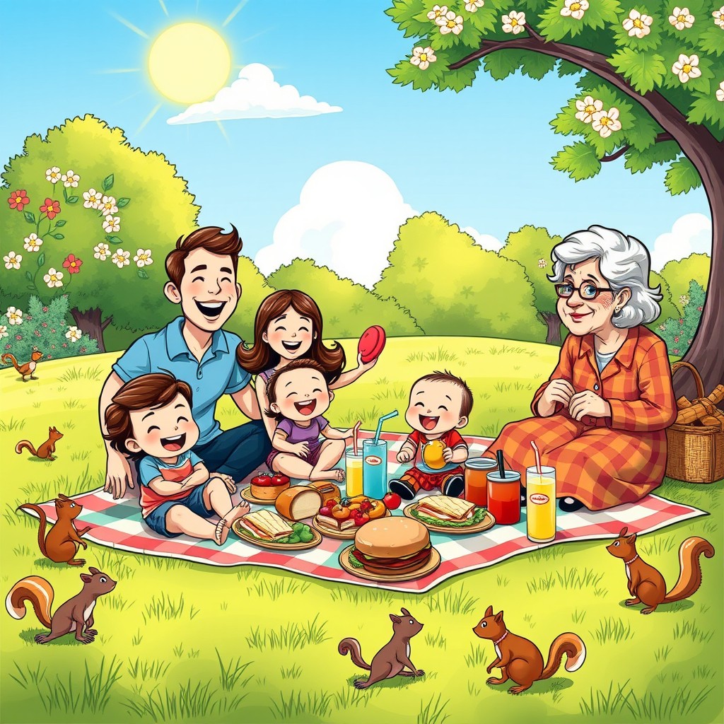 A vibrant comic strip scene featuring a joyful family picnic on a sunny day