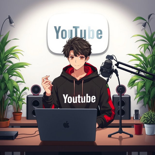 An 18-year-old anime boy sitting in front of a modern computer desk, interacting with a sleek laptop and a professional microphone