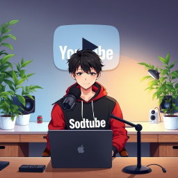 An 18-year-old anime boy sitting in front of a modern computer desk, interacting with a sleek laptop and a professional microphone