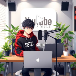 An 18-year-old anime boy sitting in front of a modern computer desk, interacting with a sleek laptop and a professional microphone