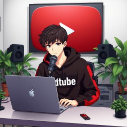 An 18-year-old anime boy sitting in front of a modern computer desk, interacting with a sleek laptop and a professional microphone