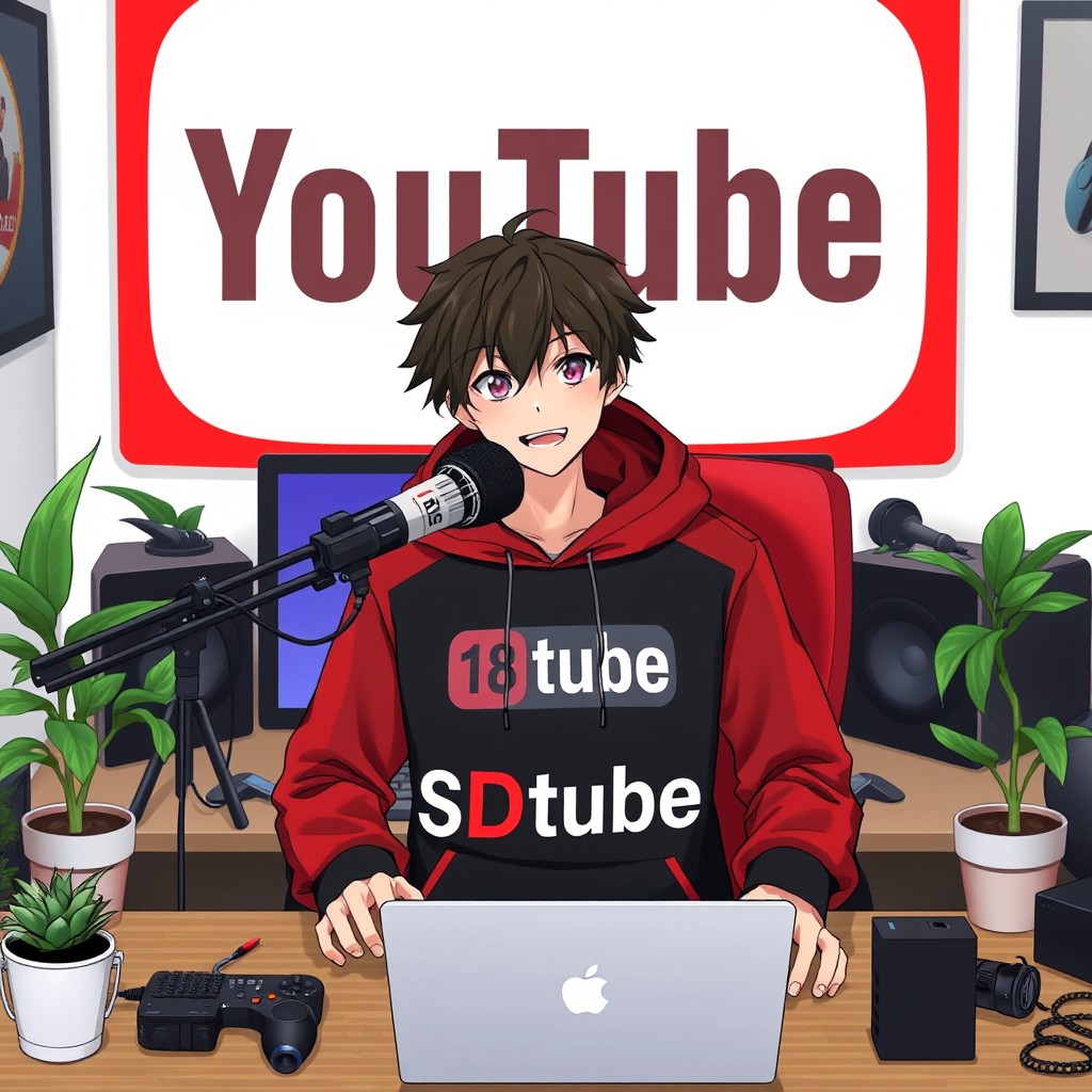 An 18-year-old anime boy sitting at a computer desk with a microphone and a laptop