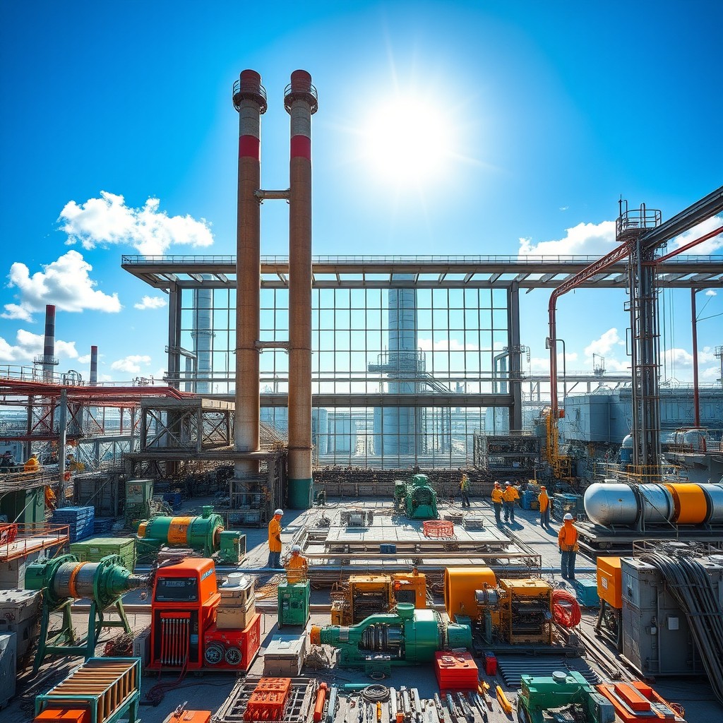 A sprawling industrial factory set against a bright blue sky, featuring tall smokestacks, intricate machinery, and workers in safety gear moving about