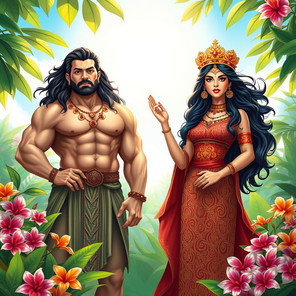 A mythical representation of 'Si Malakas' and 'Si Maganda', embodying Filipino folklore, with Si Malakas as a strong, handsome man, showcasing broad shoulders and a muscular physique, standing confidently in a lush tropical landscape