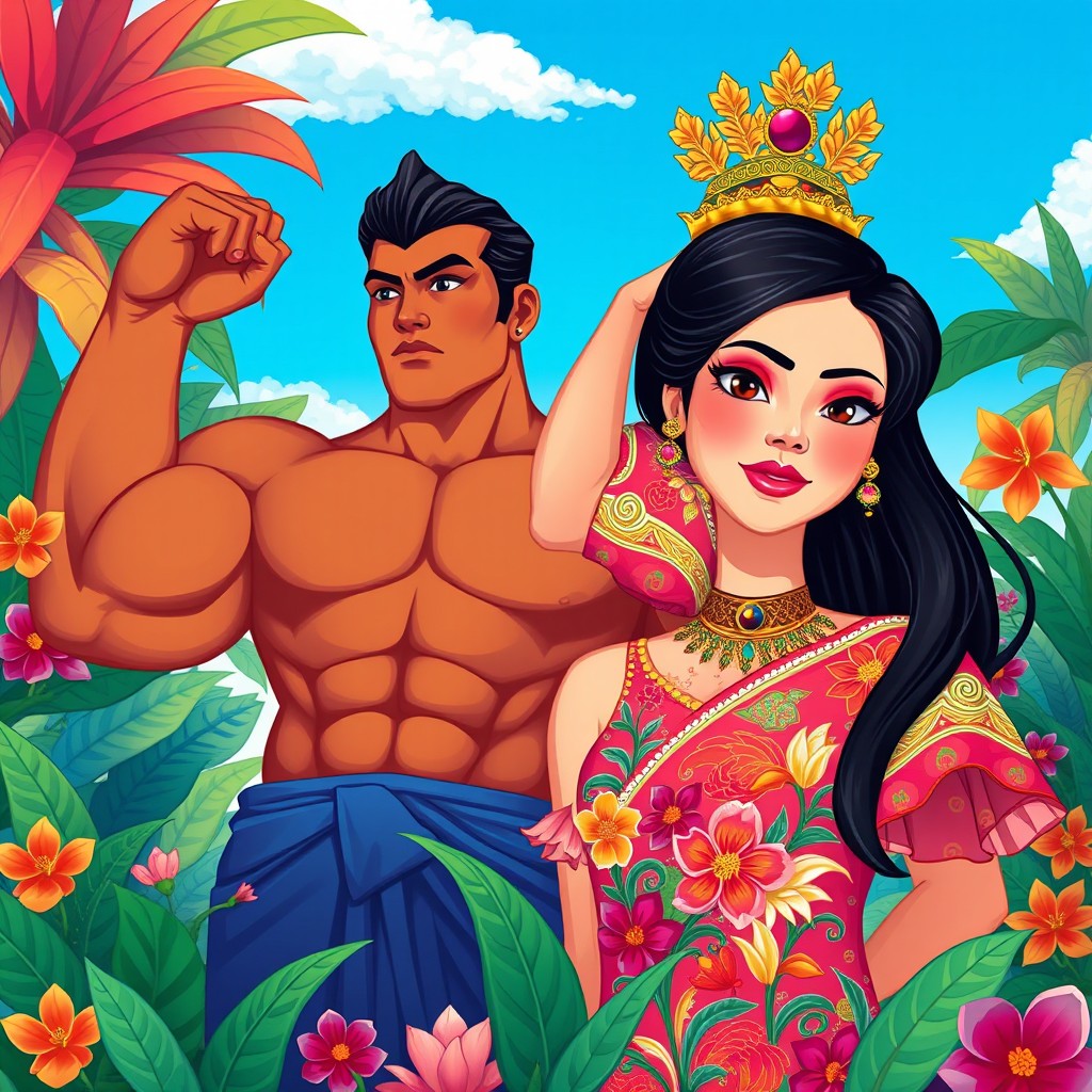 A vibrant and mythological illustration of 'Si Malakas' and 'Si Maganda' featuring distinctly Filipino facial features