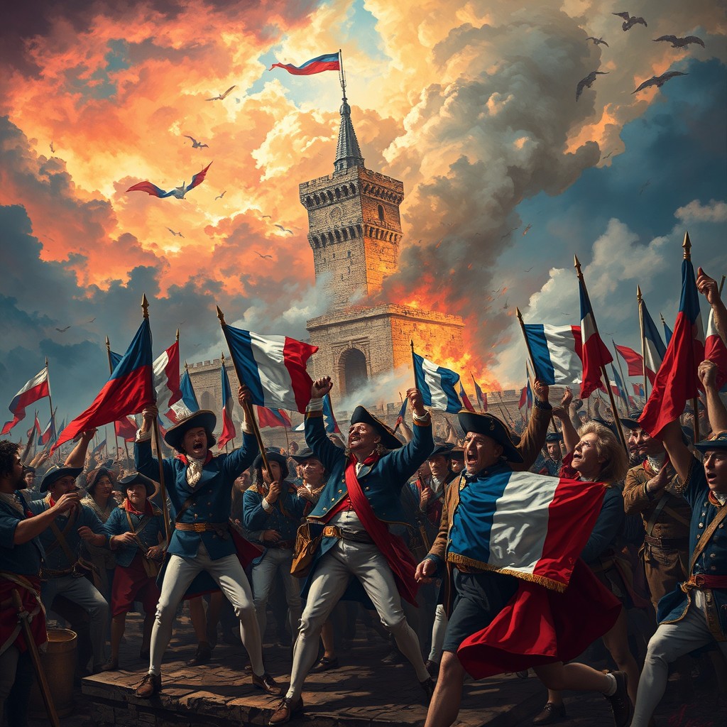 A dramatic scene depicting the French Revolution, showcasing vibrant historic moments like the Storming of the Bastille, with revolutionaries holding tricolor flags, wearing period-appropriate clothing such as breeches and cockades, and shouting in passion