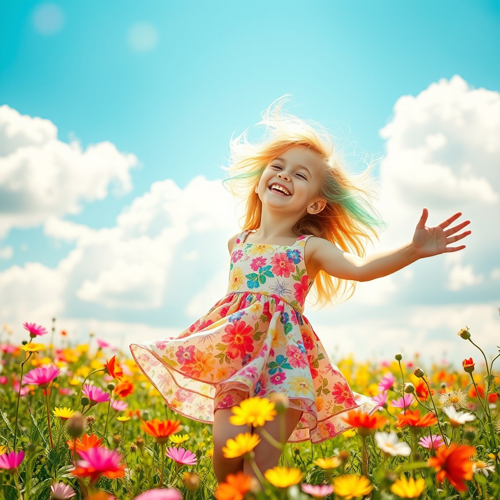 A whimsical scene featuring a young girl with rainbow-colored hair, laughing joyfully in a sunny meadow filled with vibrant wildflowers
