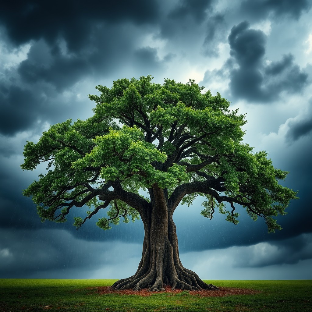 A majestic tree standing tall in the midst of a fierce storm, the tree's thick trunk bending gracefully under the powerful winds yet showing no signs of breaking