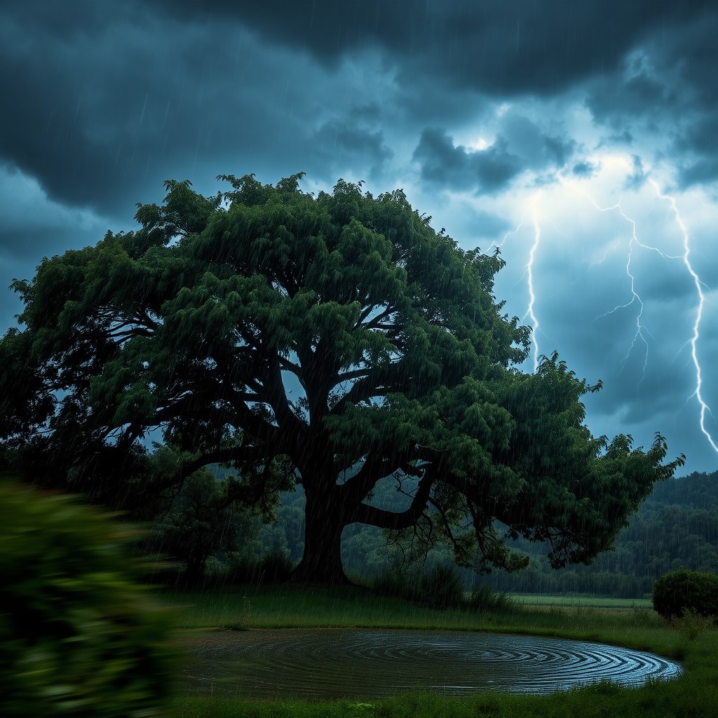 A dramatic scene of a large tree bending under the force of strong winds during a fierce storm