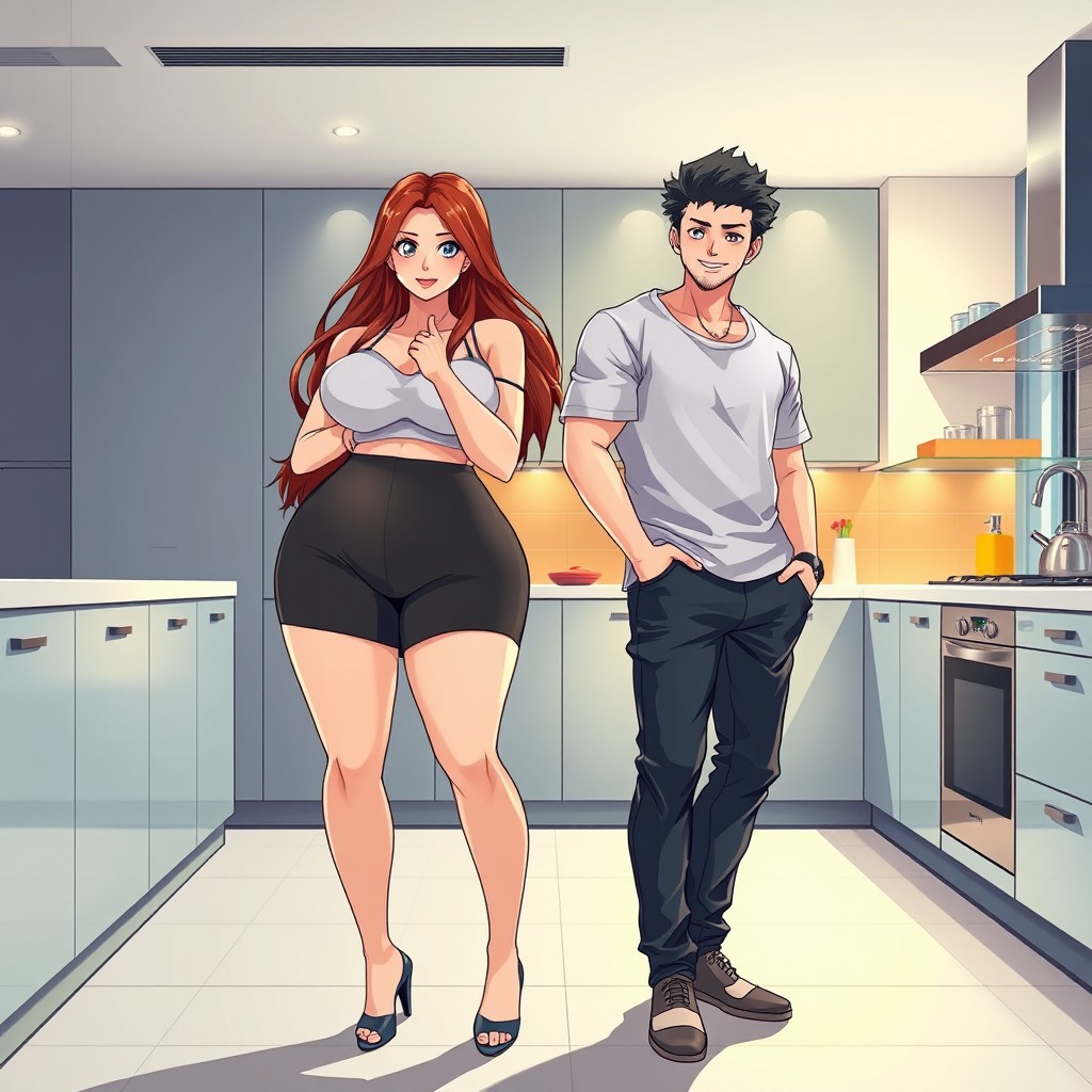A voluptuous woman in a dogeza pose, expressing a sense of humility and respect, alongside her boyfriend in a modern kitchen setting