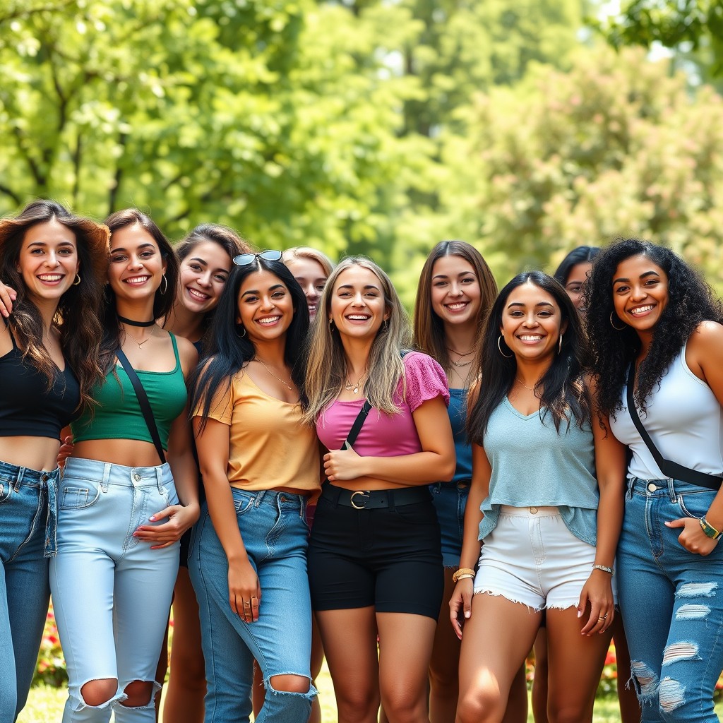 A lively group photo of diverse young women smiling and posing together in an outdoor park setting on a sunny day