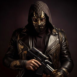 An intricately detailed image of a Syrian thug wearing a threatening mask. In his hands, he grips an SMG, dressed in a dark leather jacket with gold accents. He looks furious, emanating ominous supervillain power.