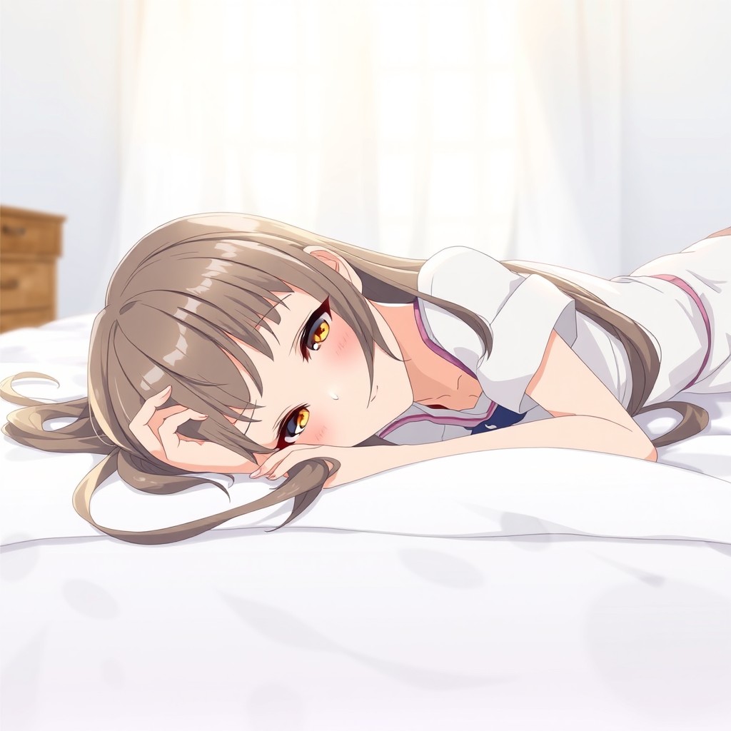 An anime girl lying face down on a pristine white bed, her long hair cascading around her