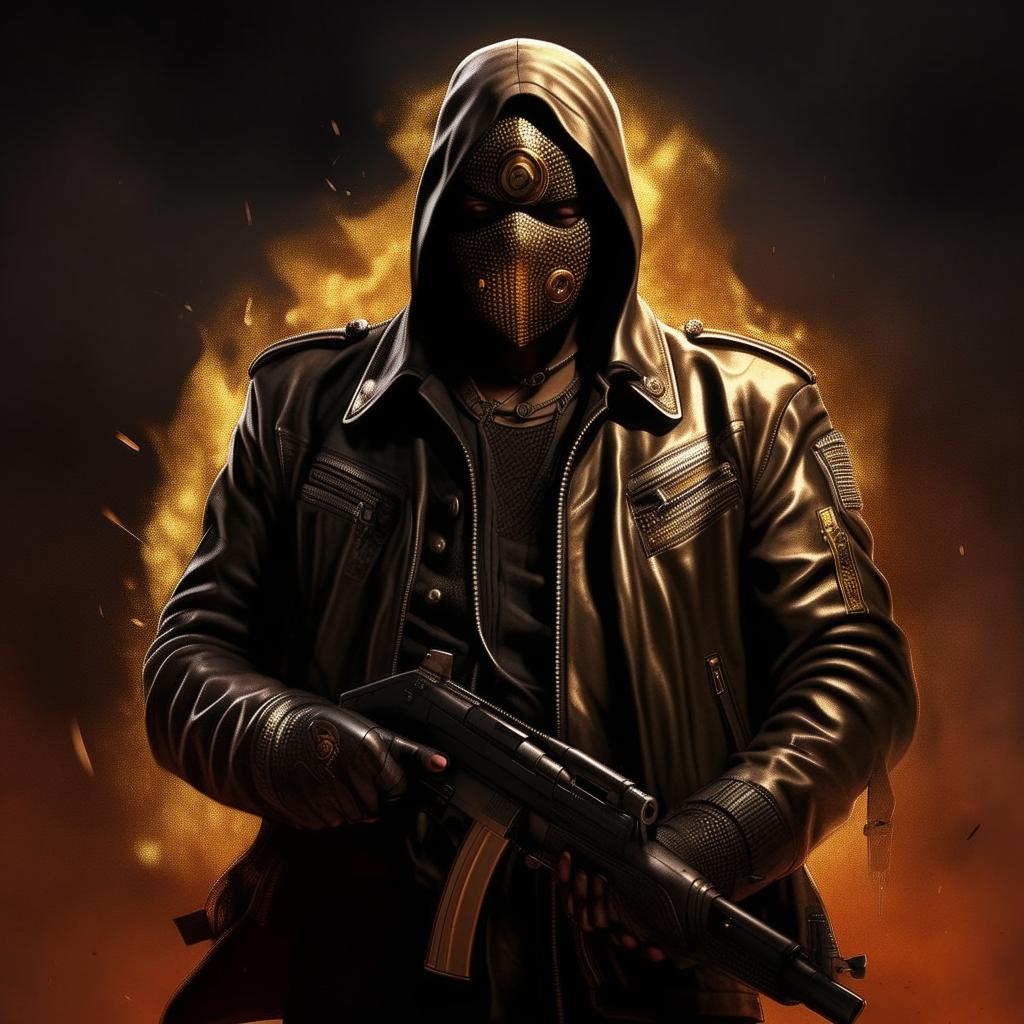 An intricately detailed image of a Syrian thug wearing a threatening mask. In his hands, he grips an SMG, dressed in a dark leather jacket with gold accents. He looks furious, emanating ominous supervillain power.