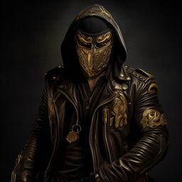 An intricately detailed image of a Syrian thug wearing a threatening mask. In his hands, he grips an SMG, dressed in a dark leather jacket with gold accents. He looks furious, emanating ominous supervillain power.