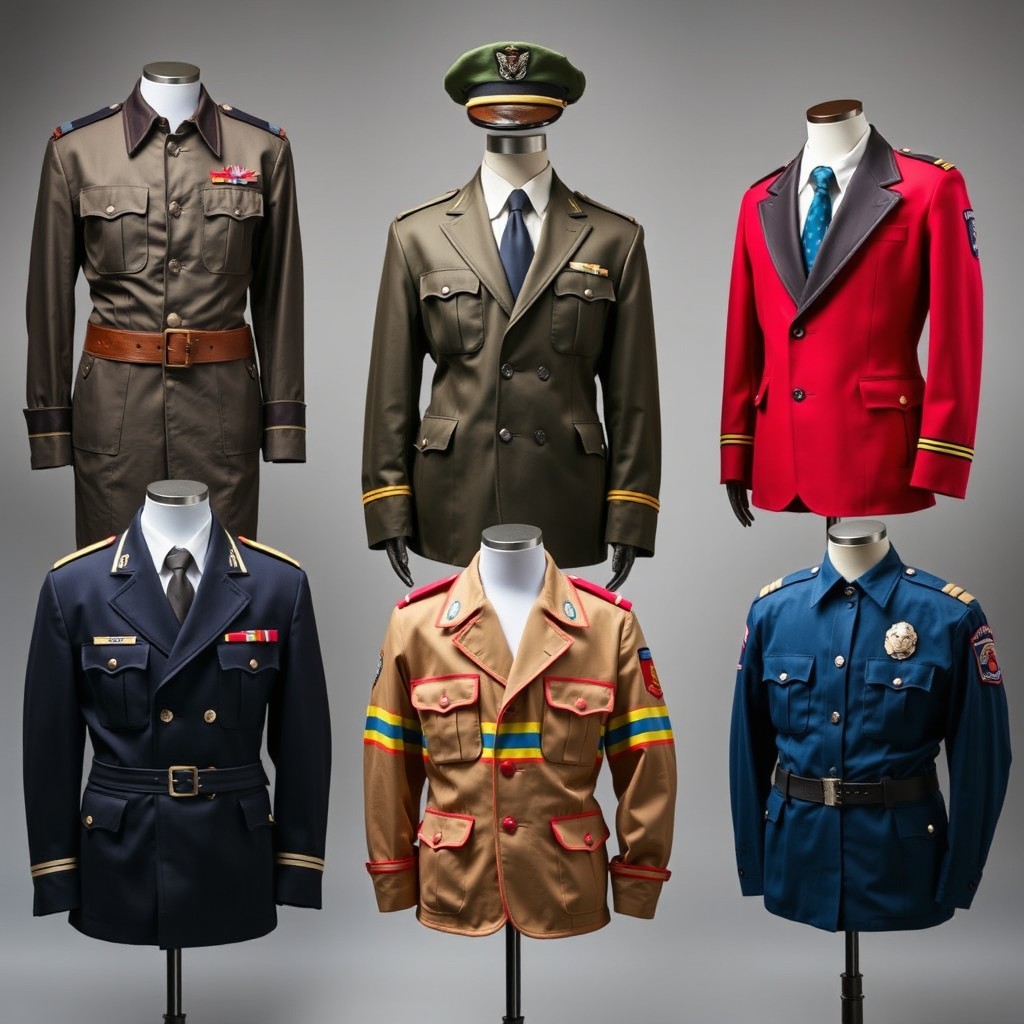 A collection of different types of uniforms showcasing diversity, including a military uniform with intricate details, a sleek pilot uniform complete with a cap, a traditional school uniform with a blazer and tie, a stylish firefighter uniform with bright colors, and a classic police uniform with badges