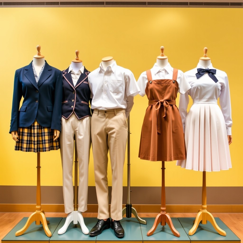 A vibrant and diverse array of school uniforms displayed on mannequins, showcasing various styles from different cultures